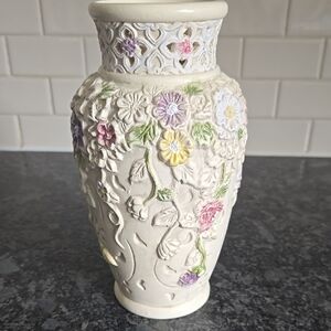 Ceramic Floral Matte Finish Cream Vase with Pastel Floral and Cutout Accents